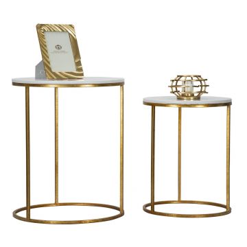 Set 2 mese de cafea din metal si rasina Simply Marble Alb / Auriu, Ø52xH63 / Ø42xH53 cm