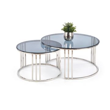 Set 2 mese de cafea din sticla si metal Merris Crom, Ø80xH45 / Ø60xH38 cm