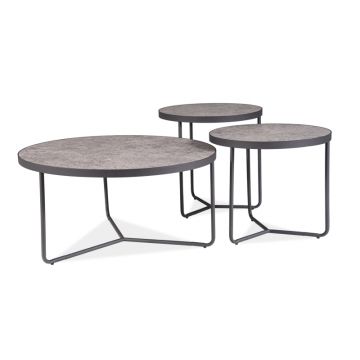Set 3 mese de cafea din MDF, furnir si metal Demarion Gri / Negru, Ø80xH40 cm / Ø50xH50 cm / Ø50xH45 cm
