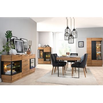 Set de mobila dining din lemn si furnir, 4 piese Mosaic Stejar / Negru
