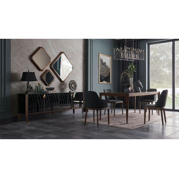 Set de mobila dining din MDF, pal si sticla, 9 piese Logan Negru / Nuc