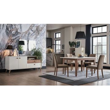 Set de mobila dining din pal, 9 piese Mayer Alb / Stejar