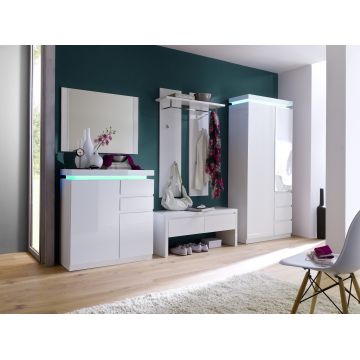 Set de mobila hol din MDF si pal, cu LED inclus, 5 piese, Ocean Alb