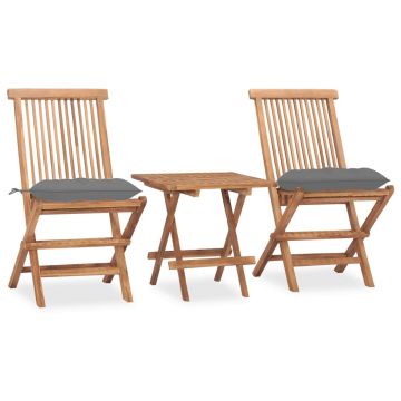 Set masa + 2 scaune pliabile pentru gradina / terasa, din lemn de tec, Gino Natural / Gri, L50xl50xH50 cm