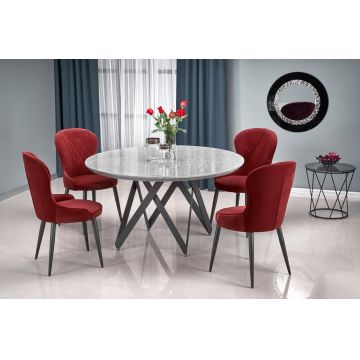Set masa rotunda din MDF si metal Gustasima Gri / Negru + 4 scaune tapitate cu stofa Kai-366 Bordeaux / Negru, Ø140xH77 cm