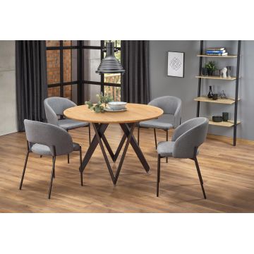 Set masa rotunda din MDF si metal, Mozare Stejar Auriu / Negru + 4 Scaune tapitate cu stofa si picioare metalice, Kai-373 Gri / Negru, Ø120xH75 cm