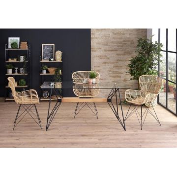 Set masa din sticla si metal Aleron + 4 scaune din ratan Kai-335 Natural, L160xl80xH75 cm