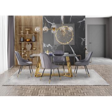 Set masa din sticla si metal, Koralia Negru / Auriu + 4 Scaune tapitate cu stofa si picioare metalice, K437 Velvet Gri / Negru / Auriu, L160xl90xH75 cm