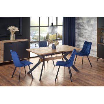 Set masa extensibila din MDF, furnir si metal, Bacaro Stejar / Negru + 4 Scaune tapitate cu stofa si picioare metalice, Kai-450 Velvet Bleumarin / Negru, L160-220xl90xH76 cm