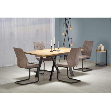Set masa extensibila din MDF, furnir si metal, Capitano II Stejar / Negru + 4 Scaune tapitate cu piele ecologica si picioare metalice Kai-272 Bej Inchis / Negru, L160-200xl90xH76 cm