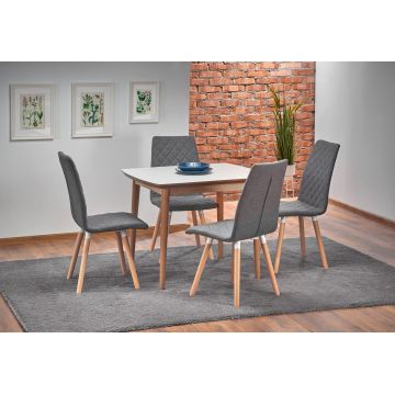 Set masa extensibila din MDF si lemn, Barnes Alb / Stejar + 4 Scaune tapitate cu stofa si picioare din lemn, Kai-282 Gri / Natural, L90-190xl80xH75 cm