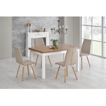 Set masa extensibila din MDF si lemn, Tiamera Stejar Lancelot / Alb + 4 Scaune tapitate cu stofa si picioare din lemn, Kai-282 Bej / Natural, L140-220xl80xH76 cm