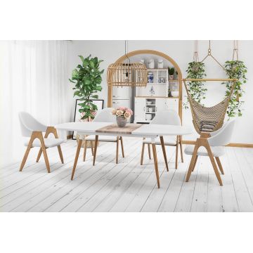 Set masa extensibila din MDF si metal, Calibry Alb / Stejar San Remo + 4 scaune tapitate cu piele ecologica Kai-247 Alb, L160-200xl90xH77 cm