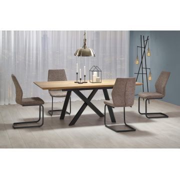 Set masa extensibila din MDF si metal Capitano Stejar / Negru + 4 Scaune tapitate cu piele ecologica si picioare metalice Kai-272 Bej Inchis / Negru, L160-200xl90xH76 cm