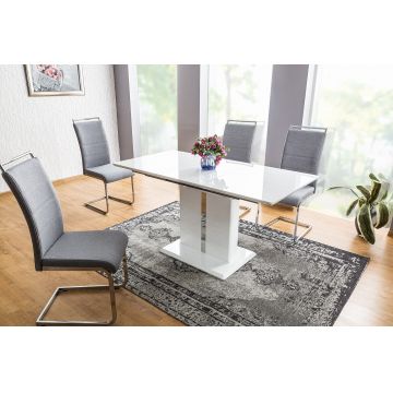 Set masa extensibila din MDF si metal Dalinda Alb + 4 scaune tapitate cu stofa si picioare metalice Han-441 Gri / Crom, L110-150xl75xH76 cm