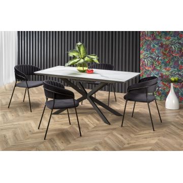 Set masa extensibila din sticla, MDF si metal, Diestel Alb / Gri Inchis / Negru + 4 Scaune tapitate cu stofa si picioare metalice, Kai-426 Velvet Negru, L160-200xl90xH76 cm