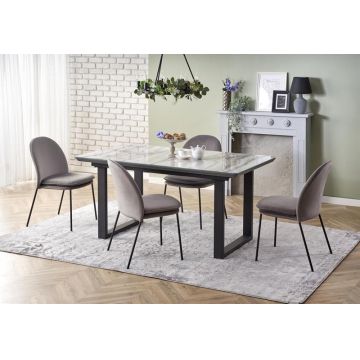 Set masa extensibila din sticla, MDF si metal, Marlette Alb / Gri / Negru + 4 Scaune tapitate cu stofa si picioare metalice, Kai-443 Velvet Gri / Negru, L160-200xl90xH76 cm