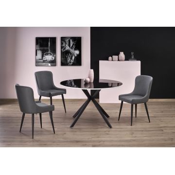 Set masa rotunda din sticla, MDF si metal, Avelyn Negru / Alb + 4 Scaune tapitate cu stofa si piele ecologica, cu picioare metalice Kai-333 Gri Inchis / Gri Deschis / Negru, Ø120xH76 cm