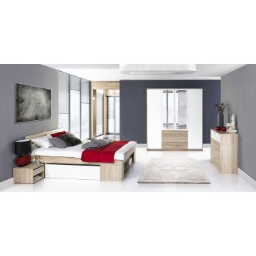 Set Mobila Dormitor din pal, cu pat 200 x 160 cm, 3 piese Milo Alb / Stejar Sonoma