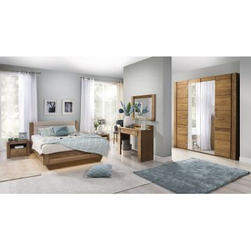 Set Mobila Dormitor din furnir si pal, cu pat 200 x 140 cm, 6 piese Velvet Stejar Rustic / Bej
