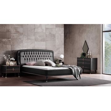 Set Mobila Dormitor din pal, cu pat 200 x 160 cm, 5 piese Diamond Nuc / Negru