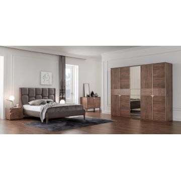 Set Mobila Dormitor din pal, cu pat 200 x 180 cm, 6 piese Gold Nuc