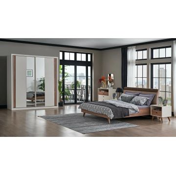 Set Mobila Dormitor din pal, cu pat 200 x 180 cm, 6 piese Mayer Alb / Natur