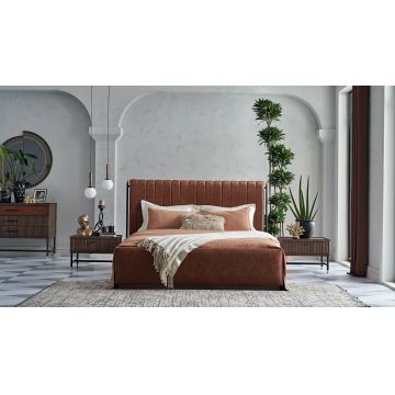 Set Mobila Dormitor din pal si metal, cu pat 200 x 160 cm, 5 piese Matilda Nuc / Caramiziu