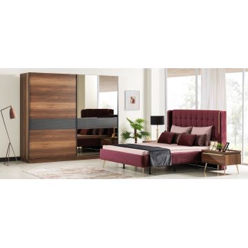 Set mobila dormitor din pal si metal, cu pat 200 x 160 cm, 6 piese Pietro Nuc / Auriu