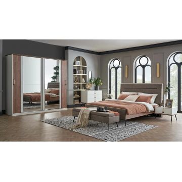 Set Mobila Dormitor din pal si metal, cu pat 200 x 180 cm, 5 piese Larina Alb / Grej