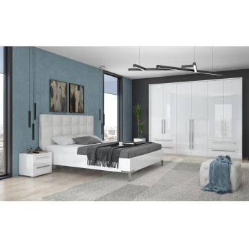 Set Mobila Dormitor din pal si piele ecologica, cu pat 200 x 160 cm, 4 piese Piano I P64A-2/PN Alb