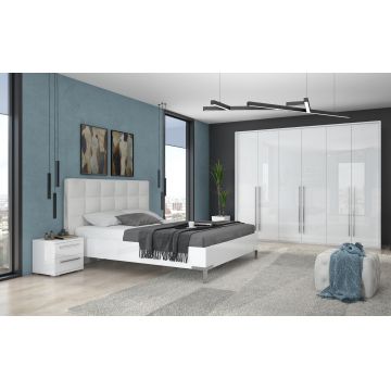 Set Mobila Dormitor din pal si piele ecologica, cu pat 200 x 160 cm, 4 piese Piano II P6A/PN Alb