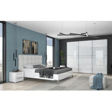 Set Mobila Dormitor din pal si piele ecologica, cu pat 200 x 160 cm, 4 piese Piano III PK281/PN Alb