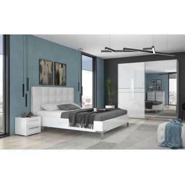 Set Mobila Dormitor din pal si piele ecologica, cu pat 200 x 160 cm, 4 piese Piano IV PK231-OG/PN Alb