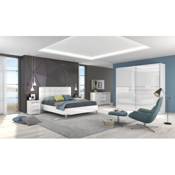 Set Mobila Dormitor din pal si piele ecologica, cu pat 200 x 160 cm, 5 piese Piano PK231/PN Alb