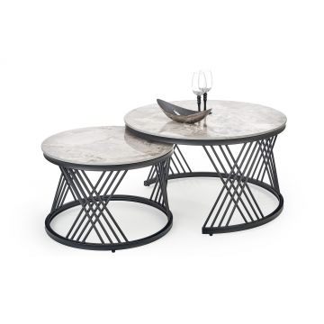 Set 2 mese de cafea din piatra sinterizata si metal, Flamenco Gri / Negru, Ø80xH46 / Ø60xH40 cm
