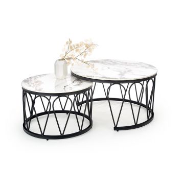 Set 2 mese de cafea din piatra sinterizata si metal, Formata Marmura / Negru, Ø80xH47 / Ø60xH40 cm