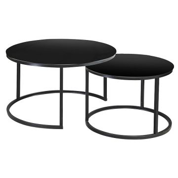 Set 2 mese de cafea din sticla, furnir si metal, Atalie D Negru, Ø80xH45 cm / Ø60xH42 cm