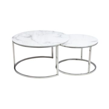 Set 2 mese de cafea din sticla si metal, Atalie B Alb / Crom, Ø80xH45 cm / Ø60xH42 cm