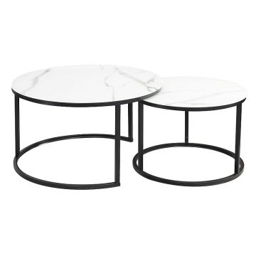 Set 2 mese de cafea din sticla si metal, Atalie C Alb / Negru, Ø80xH45 cm / Ø60xH42 cm