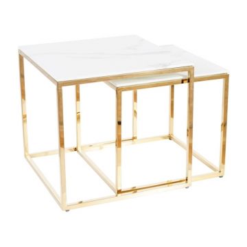 Set 2 mese de cafea din sticla si metal, Gibbs Alb / Auriu, L45xl45xH43 cm / L40xl40xH38 cm
