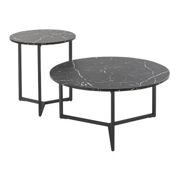 Set 2 mese de cafea din sticla si metal, Ravid Negru, Ø80xH40 cm / Ø50xH55 cm
