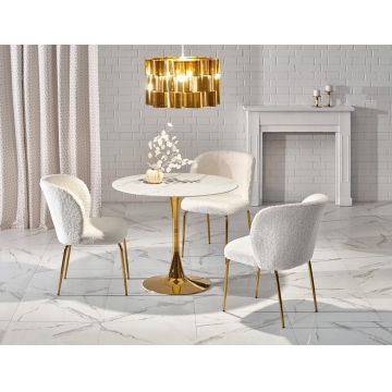 Set masa rotunda din sticla si metal, Cazimir Alb / Auriu + 4 Scaune tapitate cu stofa si picioare metalice, Kai-474 Crem / Auriu, Ø90xH75 cm