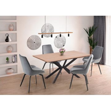Set masa extensibila din MDF, pal si metal, Legacy Stejar / Negru + 4 Scaune tapitate cu stofa si picioare metalice, Kai-479 Velvet Gri / Negru, L160-200xl90xH76 cm