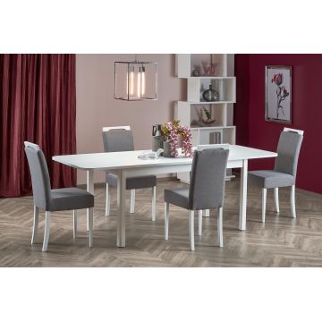 Set masa extensibila din MDF si pal, Florrie Alb + 4 Scaune tapitate cu stofa, cu picioare din lemn Clarinda Gri / Alb, L141-219xl80xH78 cm