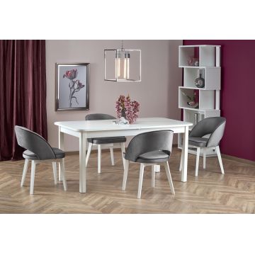 Set masa extensibila din MDF si pal, Florrie Alb + 4 Scaune tapitate cu stofa si picioare din lemn de fag, Maribel Velvet Gri / Alb, L141-219xl80xH78 cm