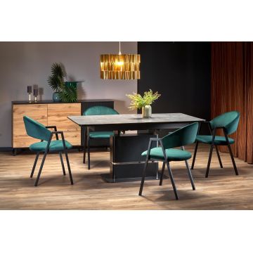 Set masa extensibila din MDF, sticla si metal, Martelli Gri Inchis / Negru + 4 Scaune tapitate cu stofa si picioare metalice, Kai-473 Velvet Verde Inchis / Negru, L160-200xl90xH75 cm