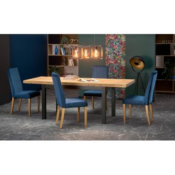 Set masa extensibila din pal si lemn de fag, Tiamera Stejar Craft / Negru + 4 Scaune tapitate cu stofa si picioare din lemn de fag, Dillan III Velvet Bleumarin / Stejar, L140-220xl80xH76 cm