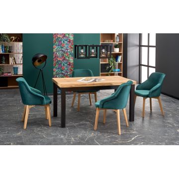 Set masa extensibila din pal si lemn de fag, Tiamera Stejar Craft / Negru + 4 Scaune tapitate cu stofa si picioare din lemn de fag, Torrell II Velvet Petrol / Stejar, L140-220xl80xH76 cm