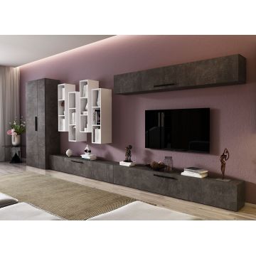 Living Pati 115 - Mobila Sufragerie Gri Beton + Alb